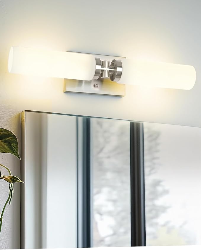 Emak Brushed Nickel Vanity Light, 21 Inch Cylinder Bathroom Lighting Fixtures Over Mirror, Modern 2-Light Wall Sconce with Milk Glass Shade, VL086-BN-ML-2