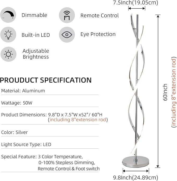 LED Modern Floor Lamp for Living Room, 40W 3 Colors Stepless Dimmable and Color-Changing Bright Floor Standing Lamp,60" Unique Spiral Floor Tall Lamp for Bedroom Office with Remote,Chrome