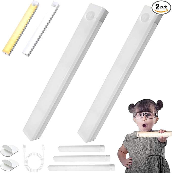 2025 Upgraded Punch-Free Smart Sensor Magnetic Rechargeable LED Lights, Rechargeable Motion Sensor Light, Wireless Motion Sensor Indoor Lights, Stick On Lights for Kitchen/Stairs (2PC-3 Color, 11.8in)