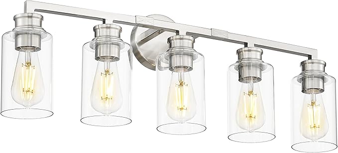 Emliviar 5-Light Brushed Nickel Vanity Light for Bathroom, Modern Vanity Sconce Over Mirror with Clear Glass Shade, YCE253B-5W BN