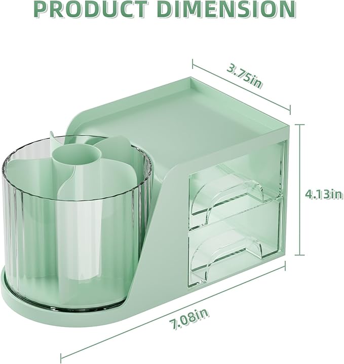 Marbrasse Desk Organizer with 2 Drawer, 360°Rotating Pen Holder, Desk Organizers and Accessories with 6 Slots Pencil Holder + 2 Drawer, Art Supply Storage Box Caddy for Office (Green)
