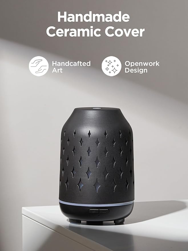 InnoGear Aromatherapy Diffuser, 150ml Ceramic Diffuser Ultrasonic Humidifier Cool Mist Essential Oil Diffusers for Home Air Diffuser with 2 Mist Modes Waterless Auto Off, Black