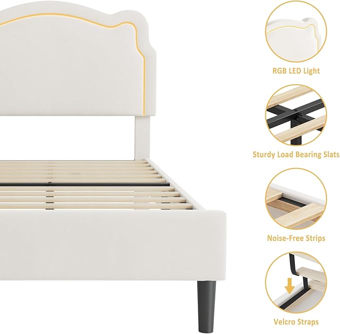 GarveeHome Twin Upholstered Smart LED Bed Frame with Headboard, Velvet Princess Platform Bed Frame for Kids, Wooden Slats Support, No Box Spring Needed (Beige)