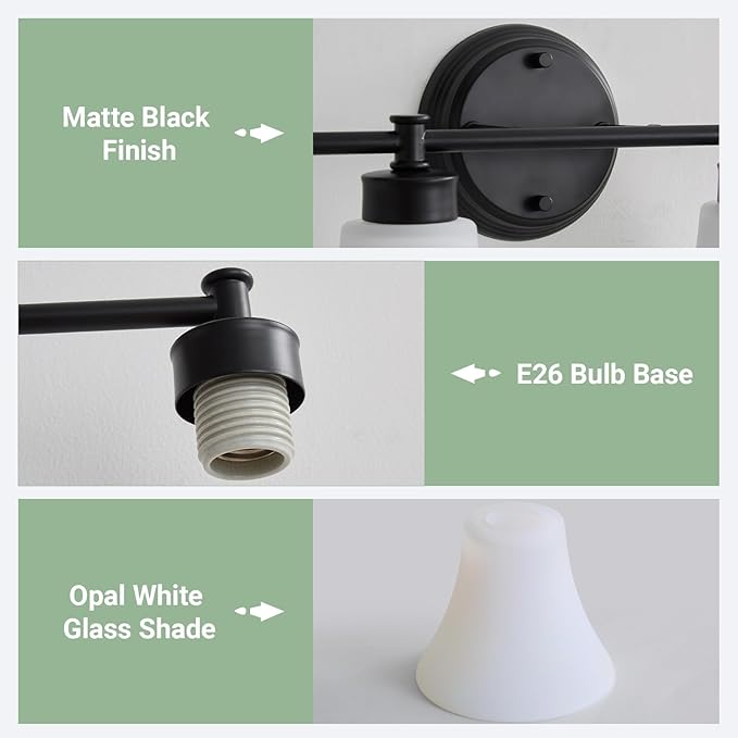 LOUSACE 3 Light Bathroom Vanity Light Matte Black Bathroom Lighting Fixtures Over Mirror with Opal White Frosted Glass, Vintage Traditional Wall Lighting Fixture Vanity Sconces Light for Bedroom