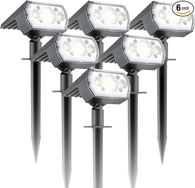Solar Lights Outdoor Waterproof IP67, 6 Pack 64 LED Outdoor Solar Lights, 3 Lighting Modes Auto On/Off Solar Spot Lights Outdoor for Garden, Yard, Landscape - Cool Daylight