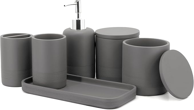 ZCCZ Gray Bathroom Accessories Set 6 Pieces - Toothbrush Holder, Lotion Dispenser, Qtip Container, Vanity Tray, Tumbler - Countertop Organizer for Bathrooms - Elegant and Functional Décor Set