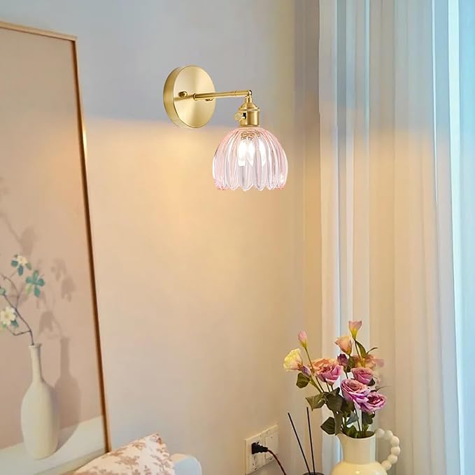 Hardwired Wall Sconce Light, Vintage Wall Sconce with Switch, Gold Wall Light Fixture with Tulip Pink Glass Lampshade, Indoor Wall Light for Bedroom Bathroom, Bedside Wall Lamp