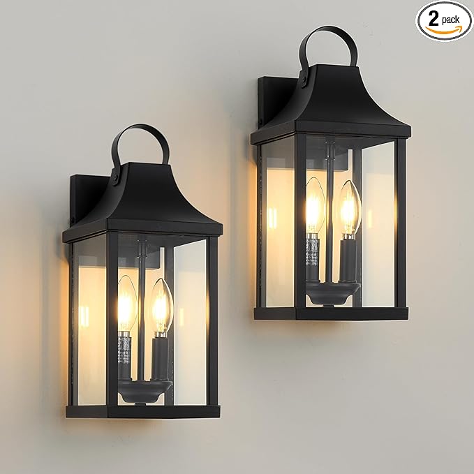 Outdoor Wall Sconces Set of 2, 15‘’ Black Outside Wall Mounted Light Fixture, Exterior Farmhouse Wall Sconce Lantern 2-Light, Modern Porch Lighting Exterior Lamp for House, 2 Pack