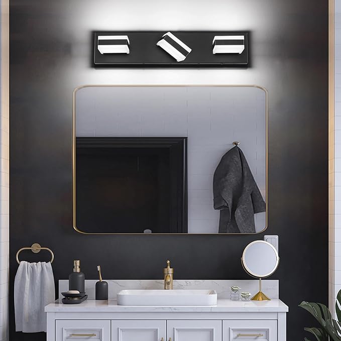 SOLFART Vanity Lights for Bathroom, Black 3 Light Bathroom Light Fixtures Modern Black LED Vanity Light Cool Light 6000K