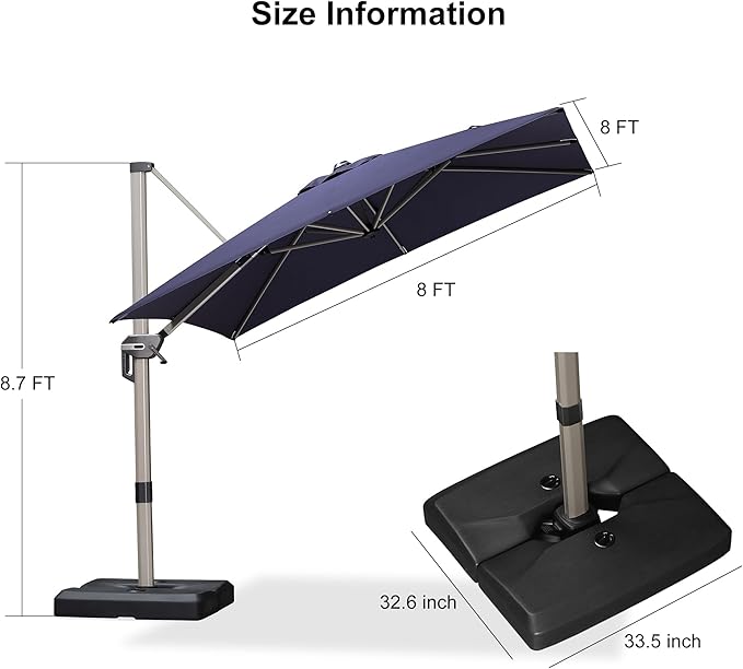 PURPLE LEAF Patio Umbrella with Base Included, 8ft Outdoor Aluminum Cantilever Umbrella with 360° Rotation, Champagne Offset Umbrella for Outdoor Garden Pool, Navy Blue