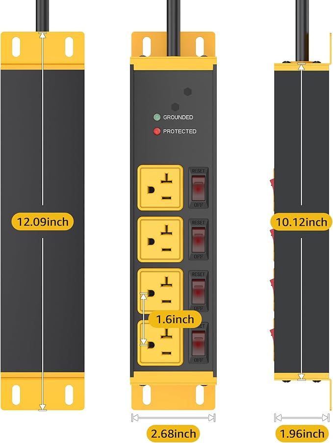 CCCEI Heavy Duty Surge Protector Power Strip 20 Amp Individual Switches. 10FT 12 Gauge Extension Cord with Multiple Outlets. Kitchen, Garage, Shop, Industrial Wall Mount Electric Extender, Yellow.
