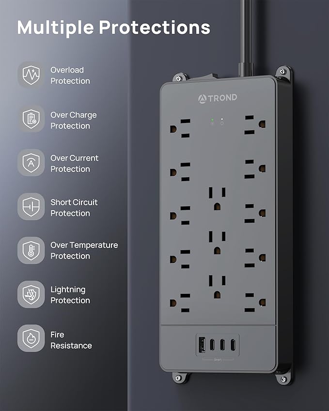 TROND 360° Rotating Flat Plug, Surge Protector Power Strip, 13AC Widely Spaced Outlets Expansion with 3 USB C Ports, 4000J, 10ft Extension Cord Heavy Duty, Wall Mount, Under Desk, ETL Listed, Black