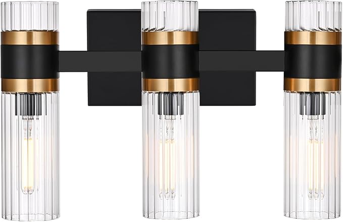 MELUCEE Black 3 Light Bathroom Vanity Light, Modern Vanity Lights Bathroom Light Bar with Ribbed Clear Glass Shade Indoor Wall Lights for Mirror Cabinet Kitchen Bedroom Hallway, E12 Base