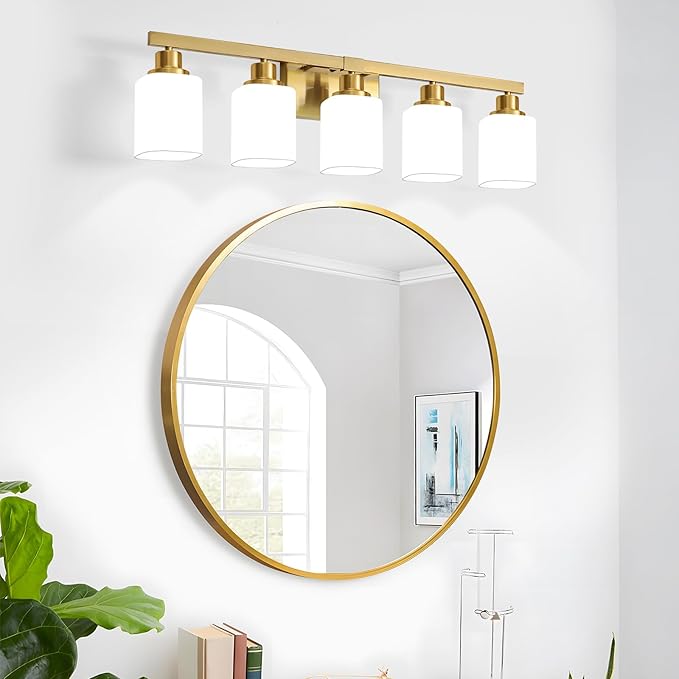 Brushed Gold Bathroom Vanity Light,5-Light Bathroom Light Fixtures with Square Frosted Glass,Gold Bathroom Wall Lamp Sconces for Mirror Bedroom,Living Room Hallway,E26