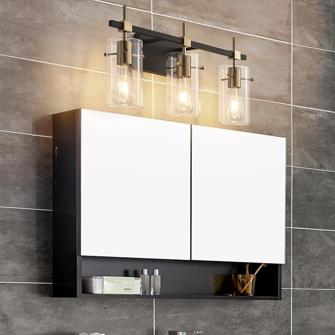 SOLFART Vintage Vanity Lights Bathroom Light Fixture Over Mirror for Bath Glass Shade Light Black and Brass Modern Style 3 Lights
