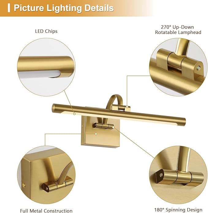 DESOOP Brass Picture Lights for Wall Hard-Wired LED Picture Lighting Dimmable Art Light Gallery Lighting for Wall Portraits Artwork 15.75 inch 7W Warm White
