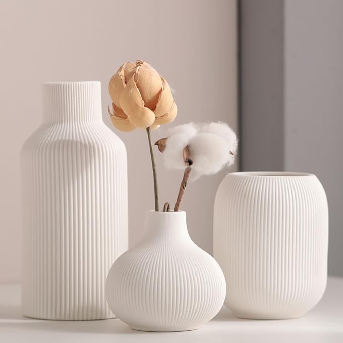 Ceramic Vase Set of 3, Decorative Vases Home Decor Modern Minimalist Pottery Vases for Bouquet Pampas Grass Dried Fresh Flowers, Bookshelf, Living Room, Shelf, Bedroom, Entryway Mantel Decor-White
