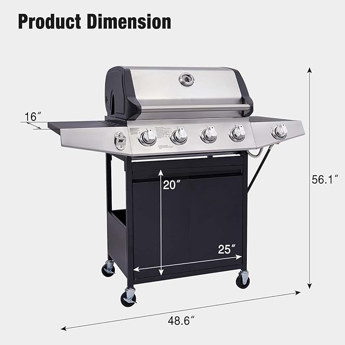 Unovivy 4-Burner Propane Gas Grill with Side Burner, Portable BBQ Grills with Oil Tray and Built-in Thermometer for Outdoor Barbecue, Camping, Patio, Backyard, 49,000 BTU