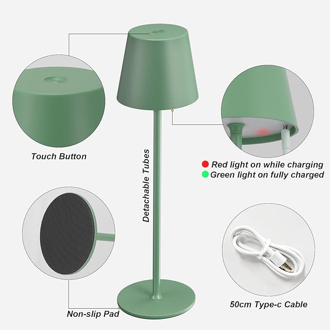 Kakanuo Cordless Table Lamp Rechargeable Green - KK 2 Pack 5000mAH Battery Operated Lamp for Dining Table, 3 Color Stepless Dimming Wireless Lamp for Counter, Outdoor Patio, Touch Control
