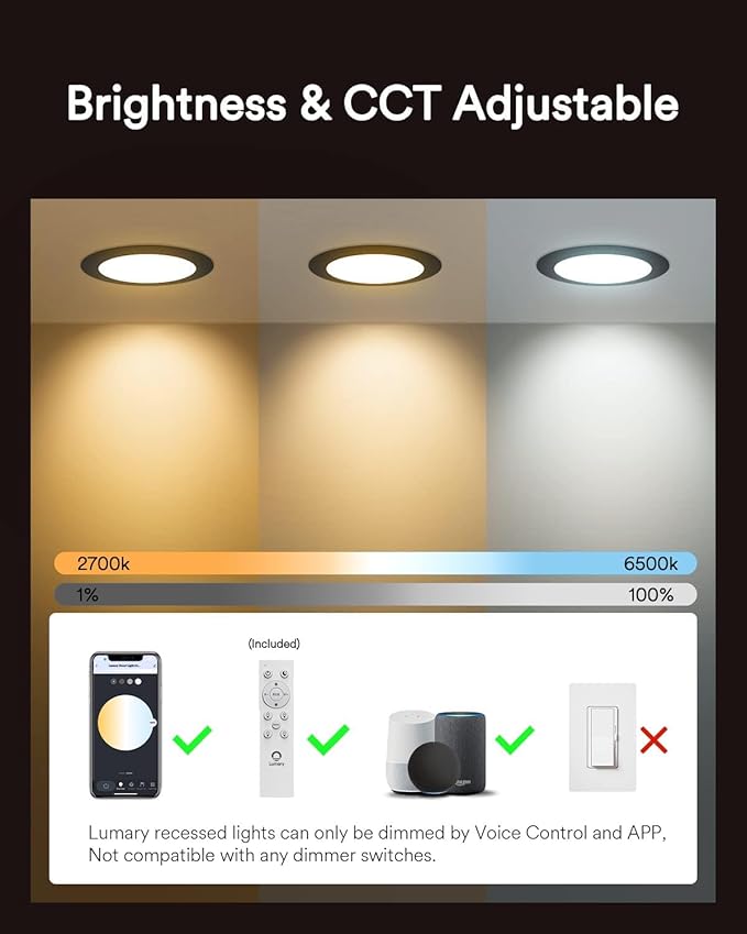 Lumary Smart Recessed Lighting 6 Inch, Color Changing LED Recessed Lights with J-Box 13W 1000LM, Dimmable Canless Wafer Downlight, Work with Alexa/Google Assistant, ETL Listed, 6Inch 4 Pack, Black