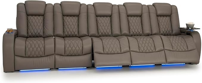Seatcraft Diamante Zero-Gravity CoolZero Italian Leather Home Theater Seating, Power Headrest, Power Recline, Row of 5 Sofa, Gray
