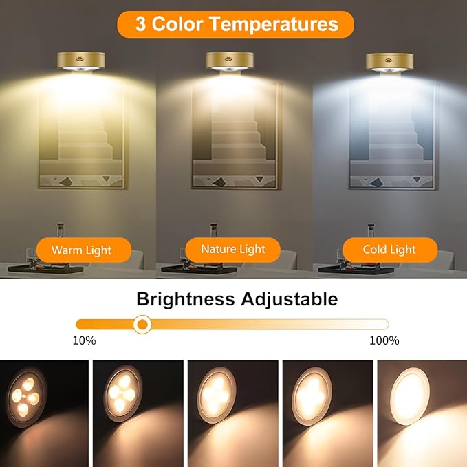 3Pack Picture Light Battery Operated Painting Lights for Wall Wireless Magnetic Display Art Light with Remote Control,Dimmable&Timer Portrait Light for Art Frame Artworking,Wall Decor Puck Lights-Gold
