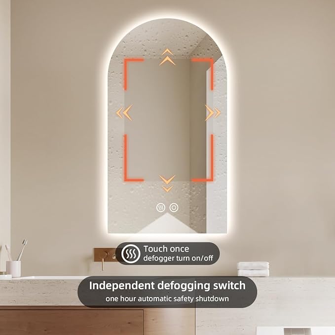 36" x 24" Arched LED Bathroom Mirror, Frameless, Backlit Vanity Mirror with Lights, Wall Mounted Lighted Mirror, Dimmable 3-Color Shatter-Proof Arch Smart Mirror, UL-Listed, CRI≥93