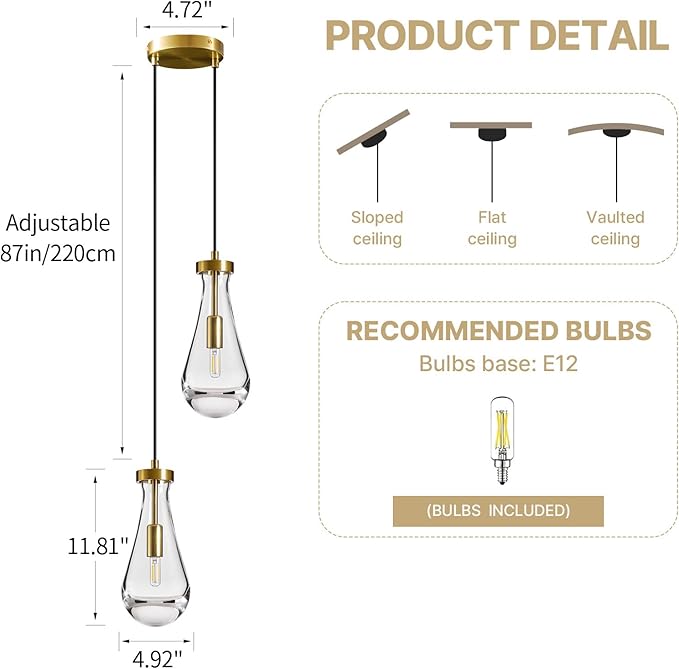 Raindrop Pendant Lights Kitchen Island: Raindrops Crystal Light Fixtures of 2 Lights - Gold Brass Teardrop Lighting over Dining Table - Modern Adjustable Tear Drop Ceiling Pendants Light Bulb Included