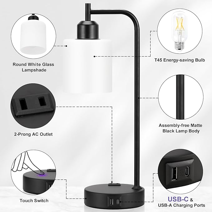 Industrial Touch Bedside Lamps for Bedrooms Set of 2 - 3-Way Dimmable Nightstand Lamps with USB C+A Ports and Outlet, Table Lamps with Opal Glass Shade for Living Room, Desk Lamps for Home Office