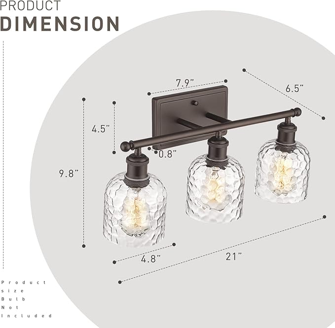 zeyu 3-Light Farmhouse Vanity Light Over Mirror, 21-inch Bathroom Light Fixtures with Hammered Glass Lampshade, Oil Rubbed Bronze Finish, ZJF63B-3W ORB