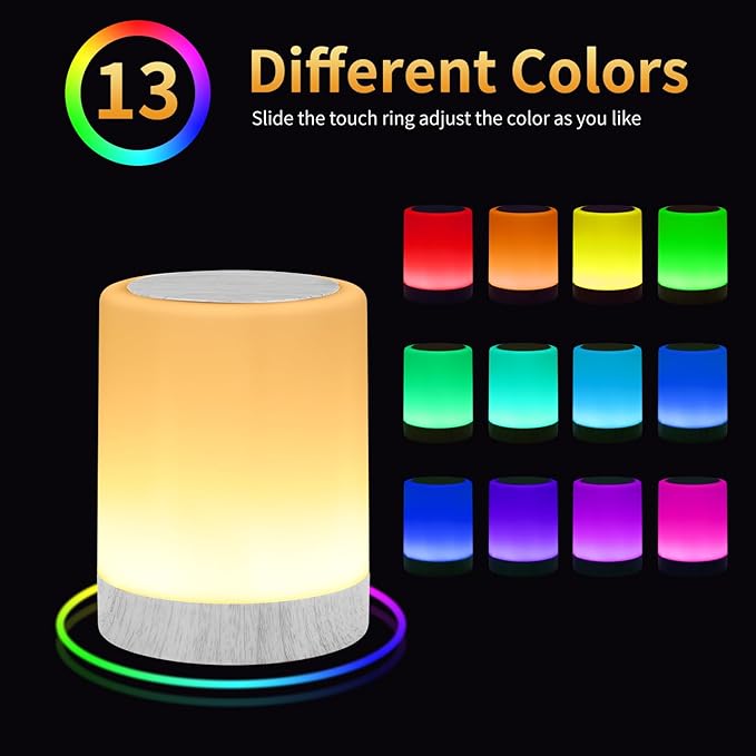 OORUN Touch Bedside Table Lamp,13 RGB Colors & 5 Brightness, USB Rechargeable Desk Lamp, Remote Control Dimmable Light with RGB Color Changing,Portable Lamp for Baby (Wood Grain Beige)
