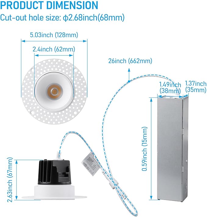 TORCHSTAR LED 3 Inch 15W 5CCT Recessed Lights with J-Box, Receessed Ceiling Light, Round Trimless Downlight, Dimmable, CRI 90, 2700-5000K Selectable, ETL, Pack of 4