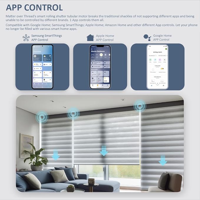 Matter Over WiFi Smart Roller Shade Motor, Φ45mm AC 120V Electric Blind Motor, Works with HomeKit, Alexa, Google Home, SmartThings (20N.m Torque for Φ60mm（2-3/8"） Octagonal Tube)
