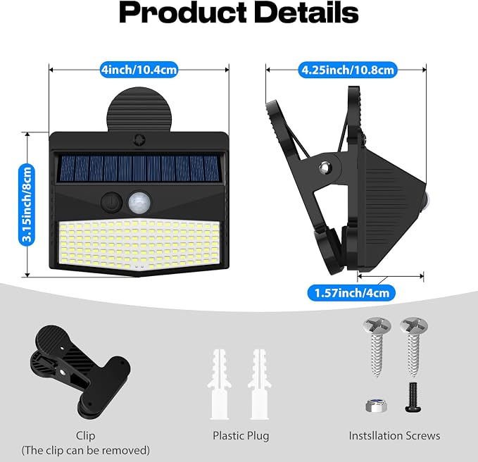 Peasur 4 Pack 138 LED Clip On Solar Lights Outdoor, Motion Sensor Lights with 3 Modes, Solar Security Light Waterproof for Outside Fence, Deck, Gutter, Camping