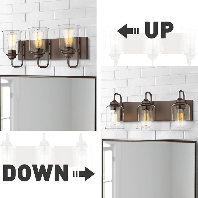 zeyu 20.5 Inch Farmhouse Bathroom Vanity Light Fixtures, 3-Light Bath Light Fixtures for Bathroom Above Mirror, Oil Rubbed Bronze Finish with Clear Glass Shade, ZSL72B-3W ORB