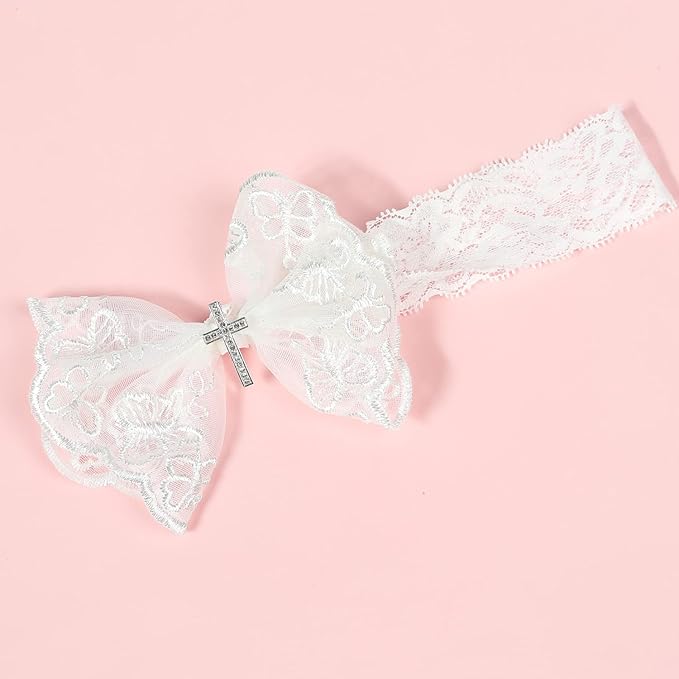 BBTDIN Baptism Christening Headbands Baby Girls Flower Lace Hair Hand White Bow BBG11 (B1-Bow with Cross)