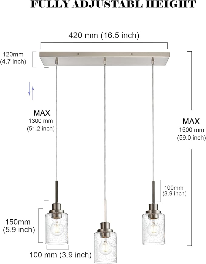 3-Light Farmhouse Chandelier Light Fixture Brushed Nickel Clear Seeded Glass Dining Room Hanging Modern Pendant Lighting Over Table,Traditional Ceiling Lights for Kitchen Island Entryway