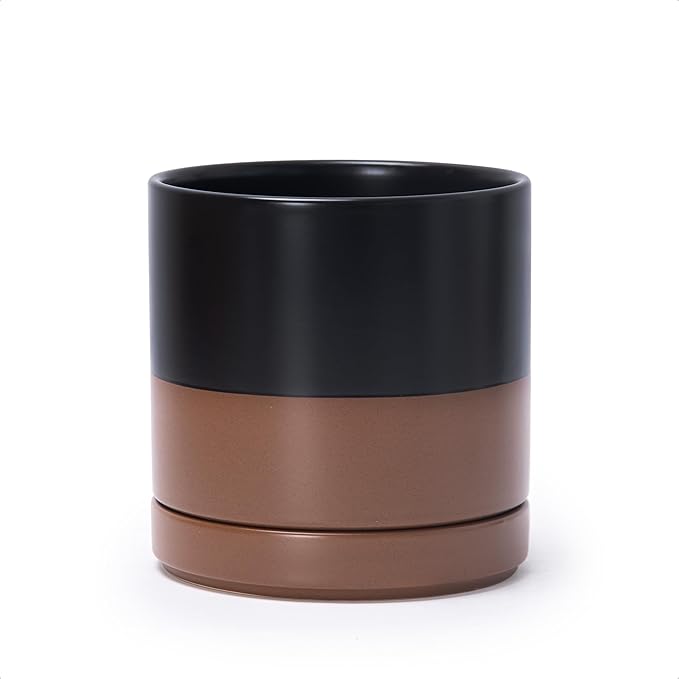 D'vine Dev 6.5 Inch Ceramic Planter Pot with Drainage Hole and Saucer, Indoor Cylinder Round Planter Pot, Black/Speckled Tan, 94-O-C-7