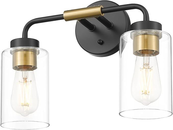 zeyu 2-Light Modern Vanity Lighting Fixture, 14 Inch Black and Gold Bathroom Light Fixture with Clear Glass Shade, ZS62B-2W BK+BG