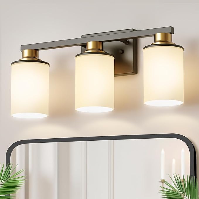 DORESshop 17 Inch Bathroom Light Fixtures, 3-Light Black and Gold Bathroom Lighting Fixtures Over Mirror with Milk Glass Shade, Vanity Lights for Living Room Bedroom