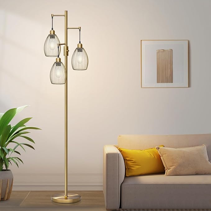Dimmable Floor Lamp, 3 x 800LM LED Edison Bulbs Included, Farmhouse Industrial Floor Lamp Standing Tree Lamp with Elegant Teardrop Cage Tall Lamps for Living Room Bedroom Office Dining Room-Brass