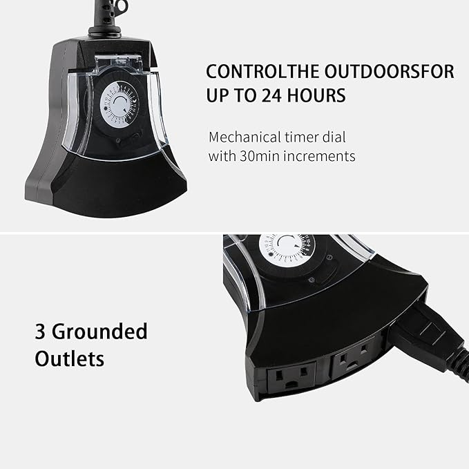 Outdoor Timer Outlet Waterproof, 24 Hour Mechanical Timer Outlet for Home and Garden, 3 Grounded, 15A 3/4HP, Black, 1 Pack