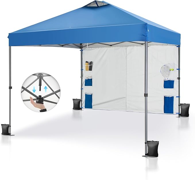 PHI VILLA Canopy Tent 10x10 Pop Up Canopy Outdoor Shade with Pockets Sidewall, Easy Up Sun Shelter with One Person Set Up Center Lock, Portable Instant Camping Beach Canopy Tents, Blue