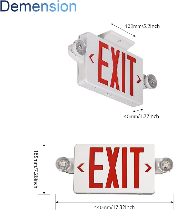 TANLUX Exit Sign Combo with Wire Cage, Round Light Head, Wall Mounted Emergency Exit Light with Protective Wire Guard, Red Exit Sign with Emergency Lights