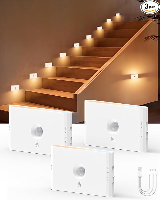 Yiliaw 3-Pack Rechargeable Motion Sensor Stair Lights White, Dimmable Night Lights with 3 Modes & 3 Color Temperatures, Magnetic, Stick-On Stair Lights Indoor for Hallway, Stairway, Bathroom, Kitchen