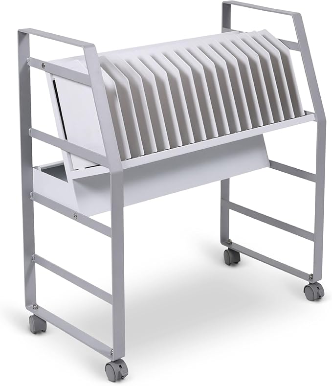 Line Leader 16-Device Mobile Charging Station | Steel Rolling Cart for Laptops, Tablets, & Chromebooks | Open Design with Dividers & UL-Certified Surge Protection | Portable Charging Stand (White)