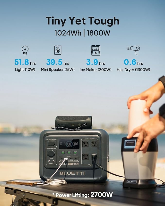 BLUETTI Elite 100 V2 Portable Power Station with Bag, 1024Wh LFP Battery Backup w/ 4 1800W AC Outlets (3600W Surge), 35% Smaller, Solar Generator for Camping, Outages, and UPS Backup