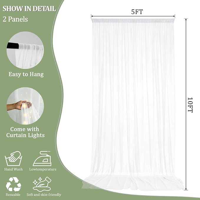 10×10ft White Tulle Backdrop Curtains with Lights String for Wedding Parties Sheer Backdrop Curtain Backdrop for Engagement Bridal Baby Shower Birthday Party Home Decoration 5ft×10ft, 2 Panels