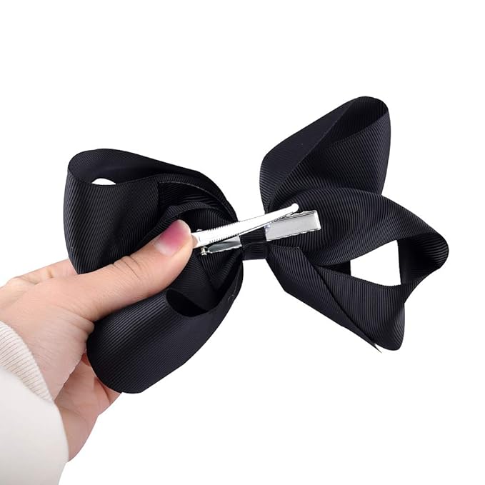 DEEKA 12 PCS 6" Big Hand-made Grosgrain Ribbon Hair Bow Alligator Clips Hair Accessories for Little Teen Toddler Girls - Black