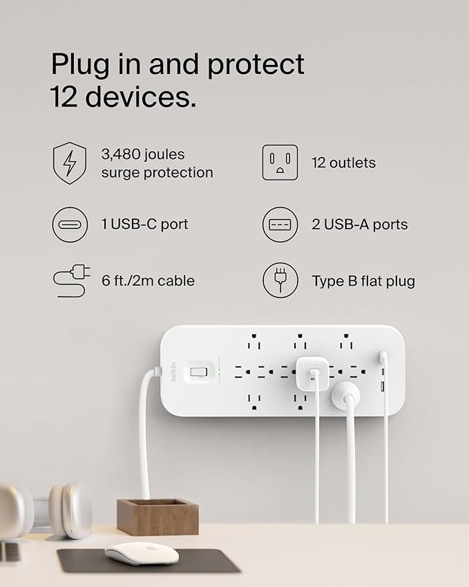 Belkin 12-Outlet Surge Protector Power Strip w/ 12 AC Outlets, 2 USB-A Ports and 1 USB-C Port, 6ft Cable, UL-listed w/ Overload & Overvoltage Protection + On/Off Switch - 3,480 Joules of Protection